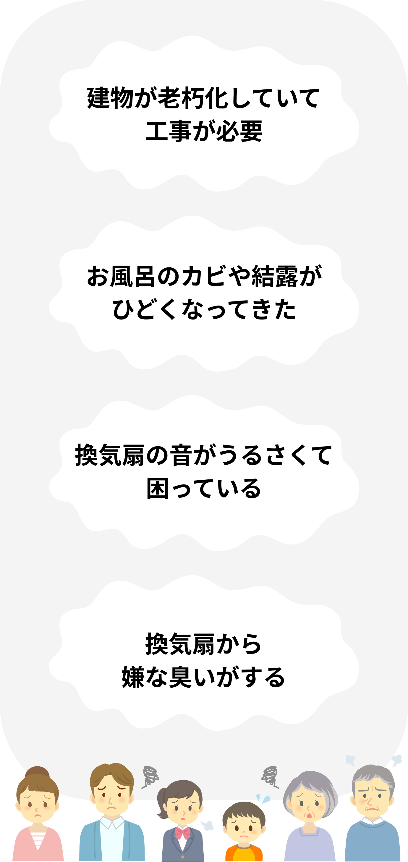 建物が老朽化していて工事が必要 お風呂のカビや結露がひどくなってきた エアコンの効きが悪くて電気代が高い 換気扇から嫌な臭いがする
