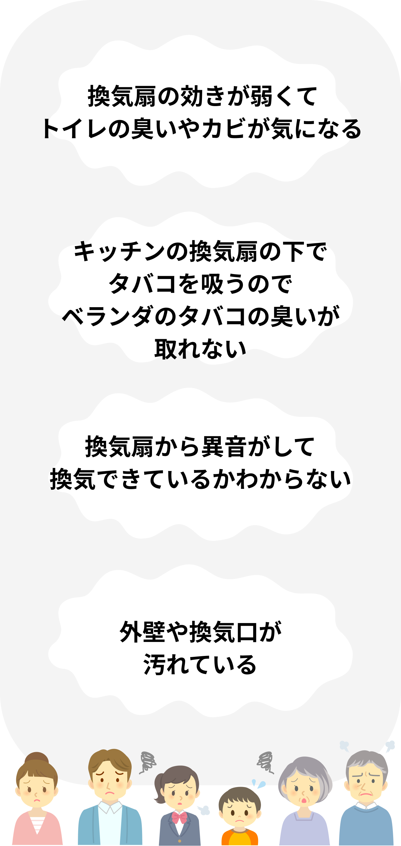 換気扇の効きが弱くてトイレの臭いやカビが気になる キッチンの換気扇の下でタバコを吸うのでベランダのタバコの臭いが取れない 換気扇から異音がして換気できているかわからない 外壁や換気口が汚れている